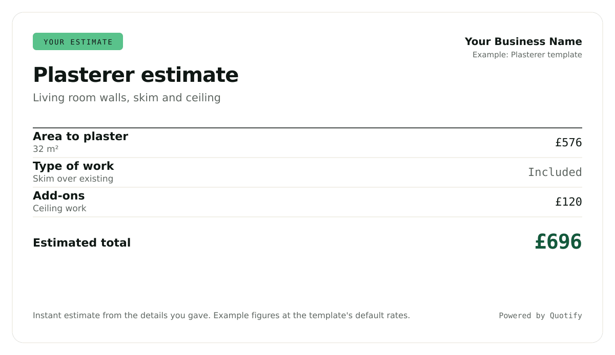 Example plasterer quote as the customer sees it: Living room walls, skim and ceiling, estimated total £696