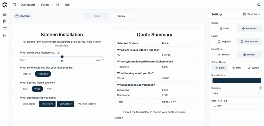 Form preview showing layout options