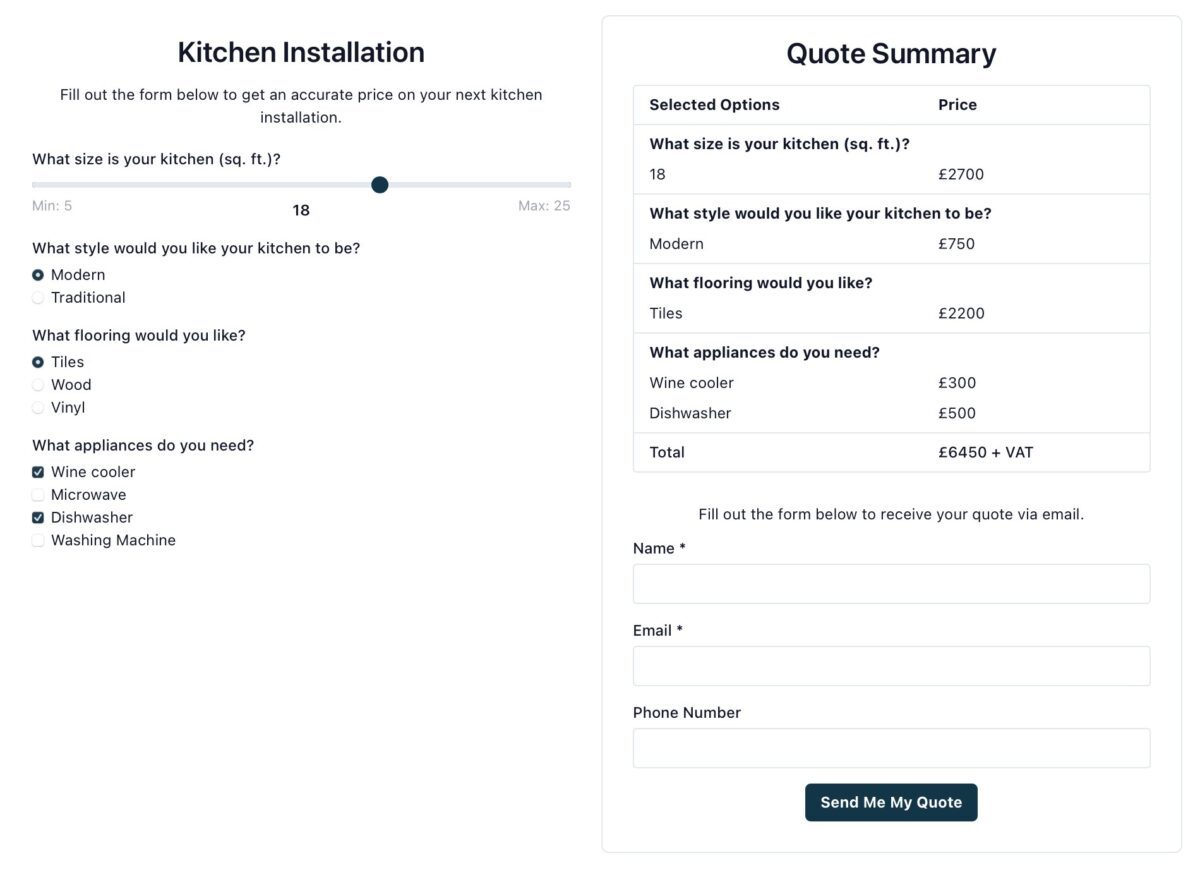 Kitchen Quote Form and summary side by side example